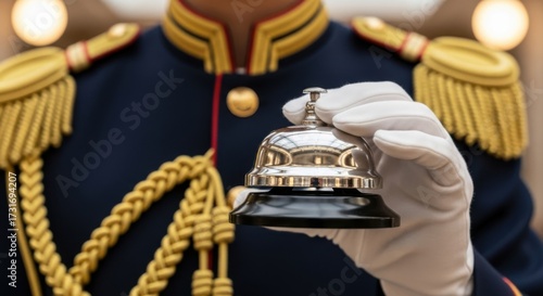 Elegant hotel bellhop in uniform rings service bell for guest attention and assistance