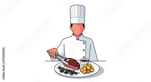 Professional culinary artist preparing a steak meal presentation in a restaurant kitchen setting illustration