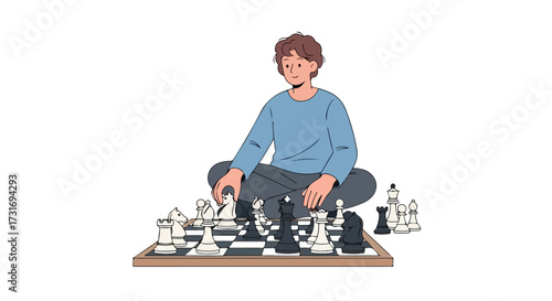 Cartoon character engaging in a chess match on the floor displaying strategic thinking and hobbyist passion for board games and mental dexterity