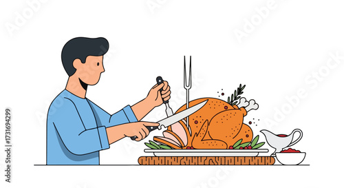 Animated illustration of a person carving a Thanksgiving turkey with garnish and gravy displayed in a clean and simple style