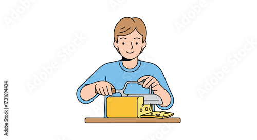 Illustration of a smiling young man slicing cheese on a wooden board with a cheese slicer in a bright kitchen setting
