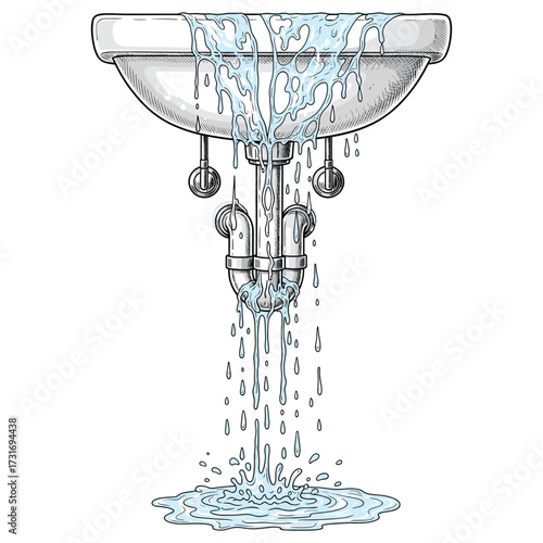 Vector Illustration of Water Faucet with Running Water in Realistic Style Featuring Metal and Water Blue Colors for Plumbing and Water Supply Design