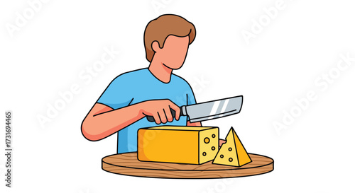 Illustration showcasing a person slicing a piece of cheese with a knife on a wooden board culinary scene delight 97 characters
