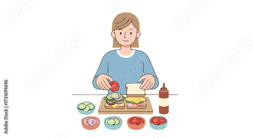 Illustration of a young woman preparing sandwiches with fresh ingredients and condiment bottles on a white background