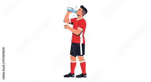 Thirsty athlete intensely hydrates after rigorous match with refreshing purified drinking water during break time to re-energize