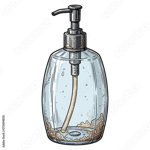 Vector Illustration of Soap Dispenser with Pump in Modern Minimalist Style Featuring Transparent Bottle and Brown Liquid Soap
