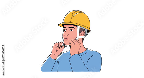 Illustration depicting a construction worker securing a hard hat, emphasizing safety procedures and occupational health and hygiene awareness