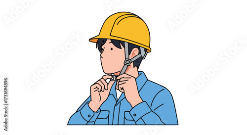 Illustrated worker adjusting his yellow safety helmet before beginning a construction job or entering an industrial facility site