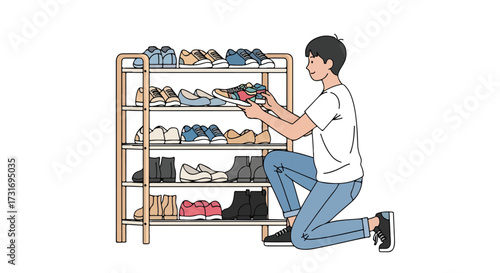 Young adult organizing a diverse shoe collection on a minimalist wooden shelf in an orderly fashion while kneeling down selecting a pair of sneakers