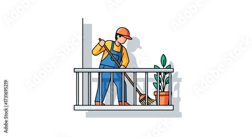 Animated man sweeping a balcony with potted plant showcases cleanliness and maintenance in a vector-style illustration ideal for property management
