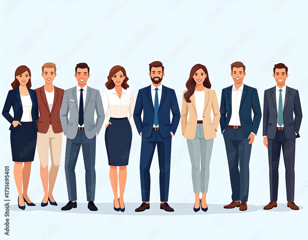 Obraz premium A row of professionally attired individuals, likely businesspeople, stand in a formal pose, each with a confident expression. Light-colored backdrop. Flat, stylized illustration