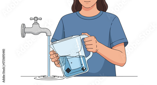 Illustration showcasing a person filling a water filter pitcher from a tap for improved drinking water quality