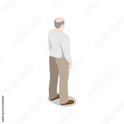 An elderly man with gray hair and a receding hairline, wearing a light gray sweater and beige pants, stands with his back to the viewer, isolated on a transparent background