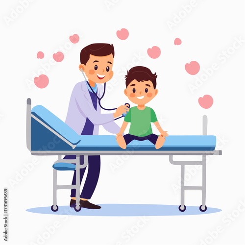Pediatrician Examining a Young Boy Patient with a Stethoscope in a Medical Setting, Healthcare