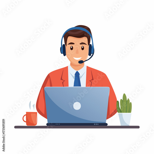 Friendly male customer support agent with headset and laptop, ready to assist