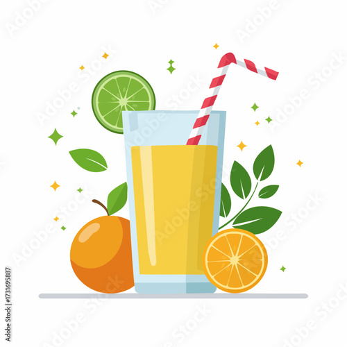 Vibrant and Refreshing Orange Juice Illustration with Fresh Citrus Fruits and Green Leaves, Symbolizing a Healthy Lifestyle and Natural Beverage Choice