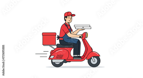 Speedy pizza delivery by a cheerful courier on a stylish red scooter, ensuring prompt and delicious meals arrive hot and fresh, emphasizing