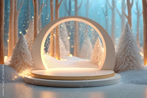Winter wonderland scene with illuminated arch, snowy path, and f
