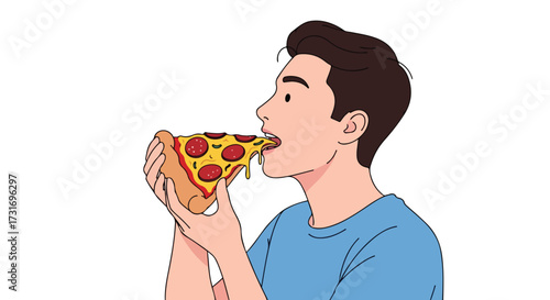 Illustration of a hungry young man savoring a slice of pepperoni pizza with dripping cheese on a white background