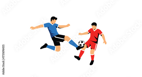 Dynamic soccer match illustration capturing two players in a high-energy showdown for ball control and competitive spirit displayed on a field of play