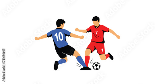 Dynamic soccer players compete for the ball, showcasing athleticism and teamwork in a vibrant illustration designed for sports enthusiasts
