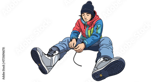 Illustration of a snowboarder tightening the laces of his boots preparing for a day on the slopes getting ready and ensuring a snug fit before