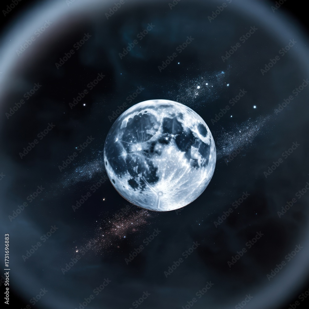 Obraz premium A mesmerizing full moon with intricate craters and textures, set against a backdrop of swirling cosmic dust and distant stars in the night sky