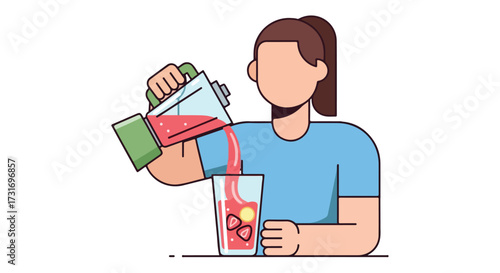Woman preparing a vibrant fruit smoothie, pouring the pink beverage into a glass filled with fruit pieces, a refreshing and healthy treat for a