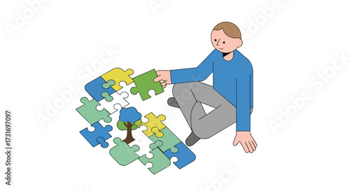 Illustrative man completing tree puzzle, symbolizing environmental consciousness and sustainability efforts, representing teamwork and collective