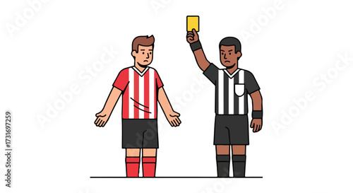 Soccer referee showing yellow card to a player indicating a foul or caution during match demonstrating sportsmanship and game management