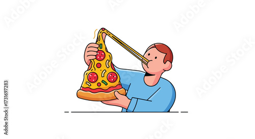 Captivating cartoon illustration of a person enjoying a large slice of cheesy pepperoni pizza, showcasing its tempting melted cheese pull and