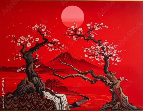 松の木と赤い梅の花と松