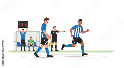 Animated illustration of a soccer match with players, referee and team bench showing substitution in progress indicating game strategy