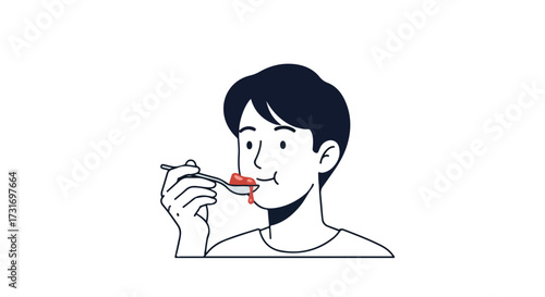 Line art illustration featuring a person with dark hair eating a red fruit or dessert with a spoon, simple and minimalist style depiction person