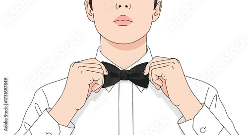 Man adjusting a classic black bow tie, preparing for a formal event or special occasion presentation illustration