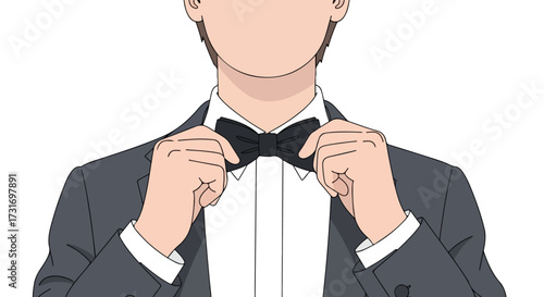 Cartoon illustration depicting a faceless man adjusting his elegant black bow tie before a formal event