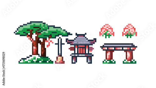 Pixel Art Japanese Shrine Scene, 16-bit Torii Gate for RPG Overworld Map Asset