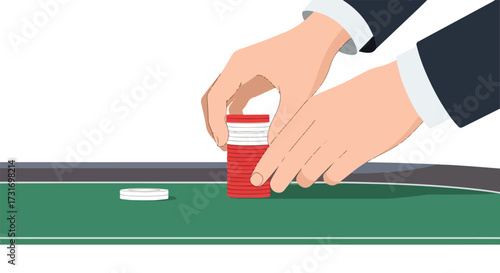 Illustration depicting a pair of hands stacking red and white poker chips on a green gaming table surface