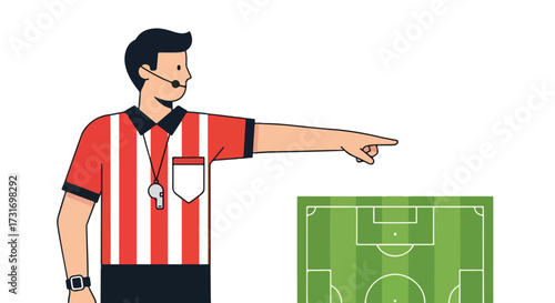 Illustration of a referee indicating a playing field, suitable for sports and game related contents focusing on football rules and officiating