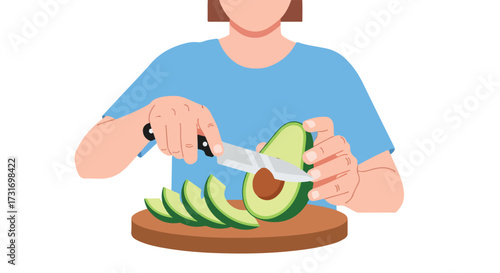 Illustration displaying a person slicing an avocado on a wooden cutting board to prepare a healthy and nutritious meal with fresh ingredients