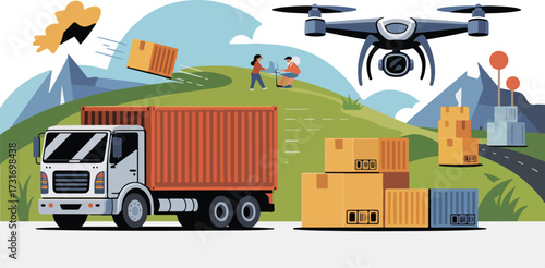 Logistics drone delivery truck cargo boxes mountains cityscape