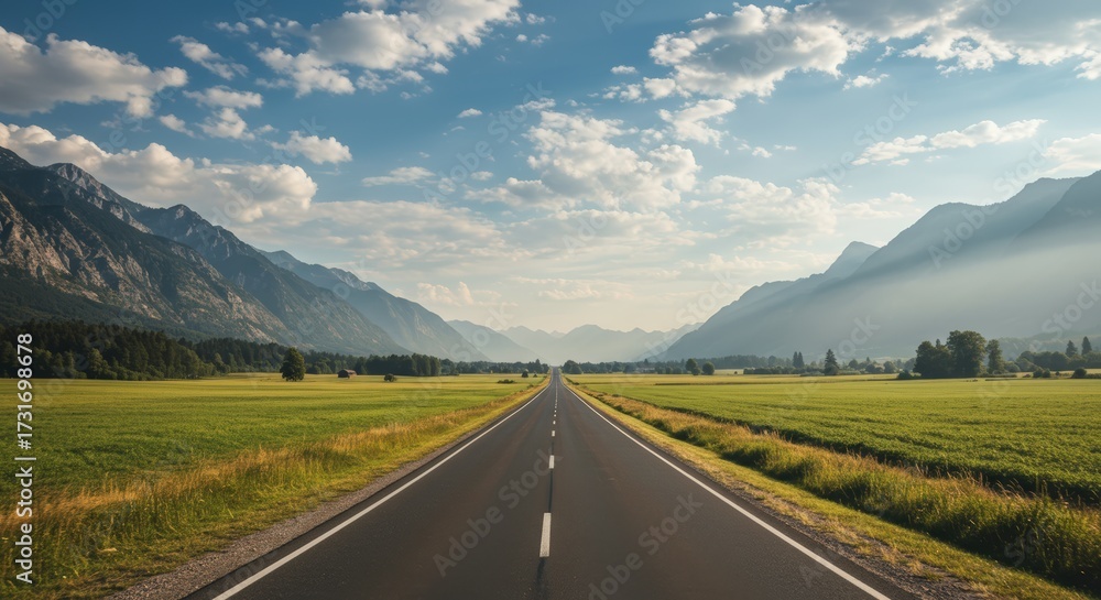 Naklejka premium Scenic highway through a valley with mountains and fields under a blue sky with clouds a landscape