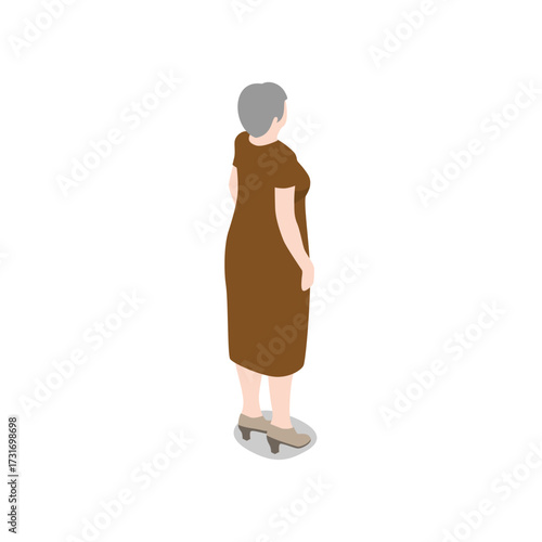 Elderly woman with short grey hair wearing a brown dress and heels, standing and facing away from the camera, isolated on transparent background