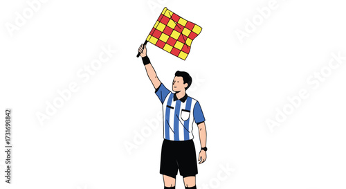Illustrative depiction of a referee signaling with a checkered flag during a sports competition showing determination