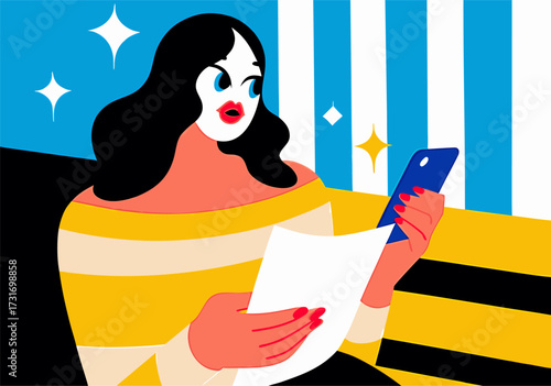 Vibrant Illustration of a Modern Woman Engaging with Phone and Document