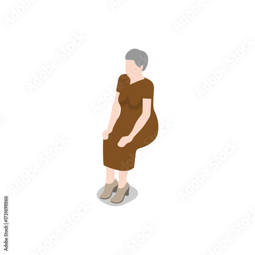 Isometric illustration of an elderly woman with gray hair wearing a brown dress and shoes, sitting down, isolated on transparent background