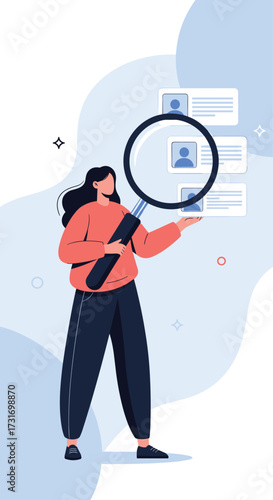 A person using a magnifying glass to examine profiles on a screen.