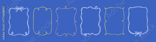 Hand-drawn scribble frames set. Coquette vintage style, line ribbon border de...