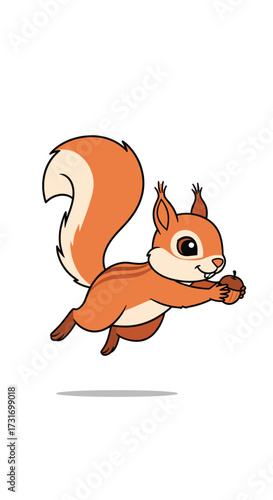 A lively animated cartoon squirrel in mid jump reaching for an acorn.