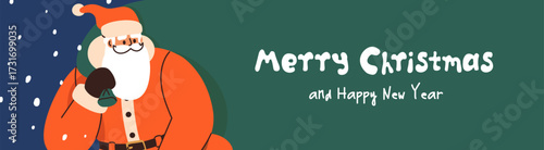 Santa Claus, wide web banner design. Merry Christmas and Happy New Year, horizontal background. Xmas, Newyear and winter holiday gift bag and festive greeting typography. Flat vector illustration